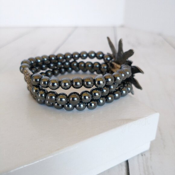 Handmade Floral Beaded Necklace Hematite Triple Layer Corsage Jewelry Whimsigoth - Picture 8 of 11